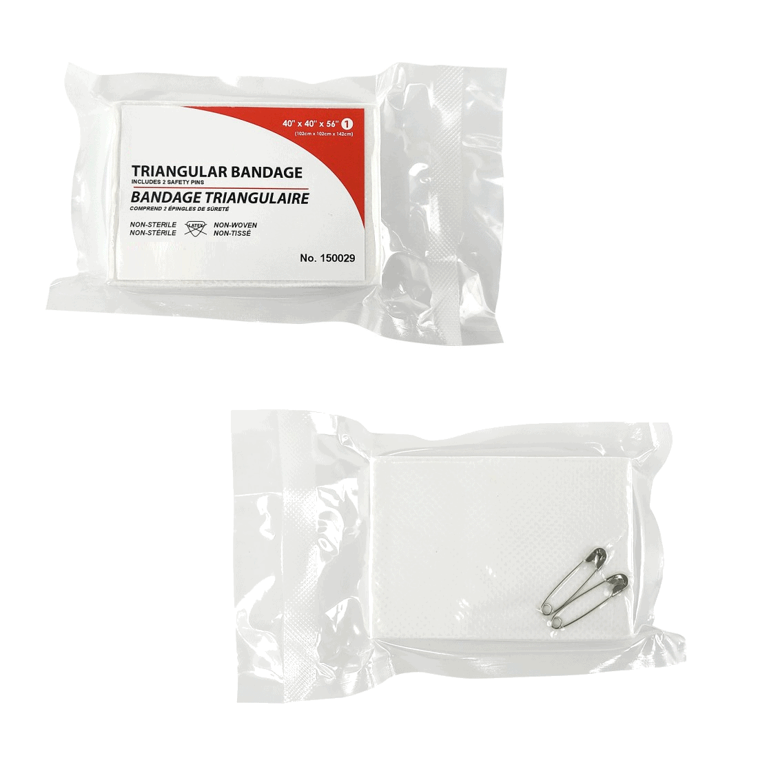 Triangular bandage, cotton, with 2 safety pins, 101.6 cm x 101.6 cm x 142.2 cm (40 in. x 40 in. x 56 in.)